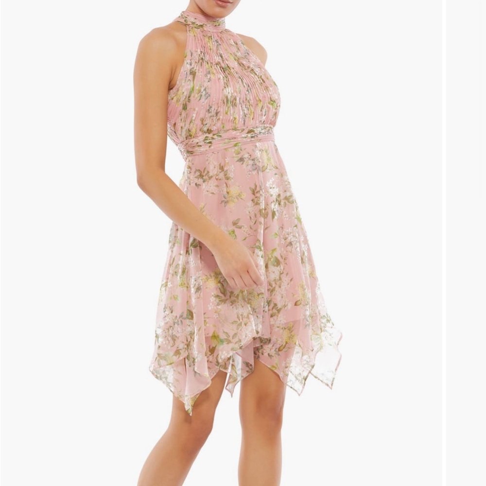 NWT Mac Duggal Sz 4 Floral Pink High Neck Dress with Handkerchief Hem 70208